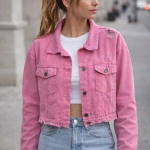 Womens Pink Denim Jacket Distressed Cropped Button Front Size L